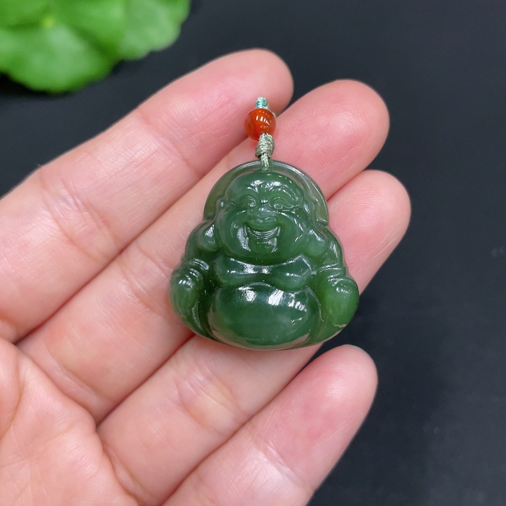 H34037751 Hetian Jade Jasper Pendant - Buddha Figure - Total Weight (with rope): 8.5g