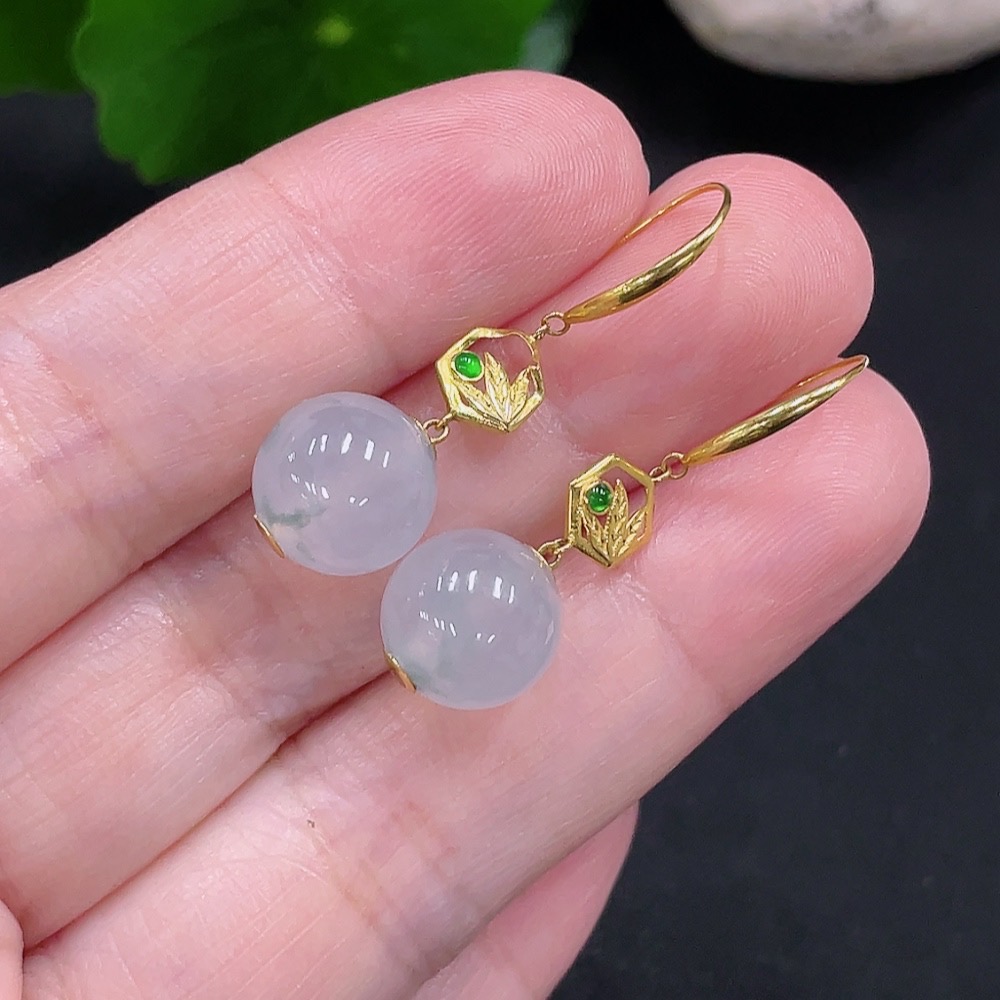 F29361179 Jadeite Inlaid Earrings, Pair, Approx. 9.8mm, 18K Gold, Total Weight Approx. 3.7g