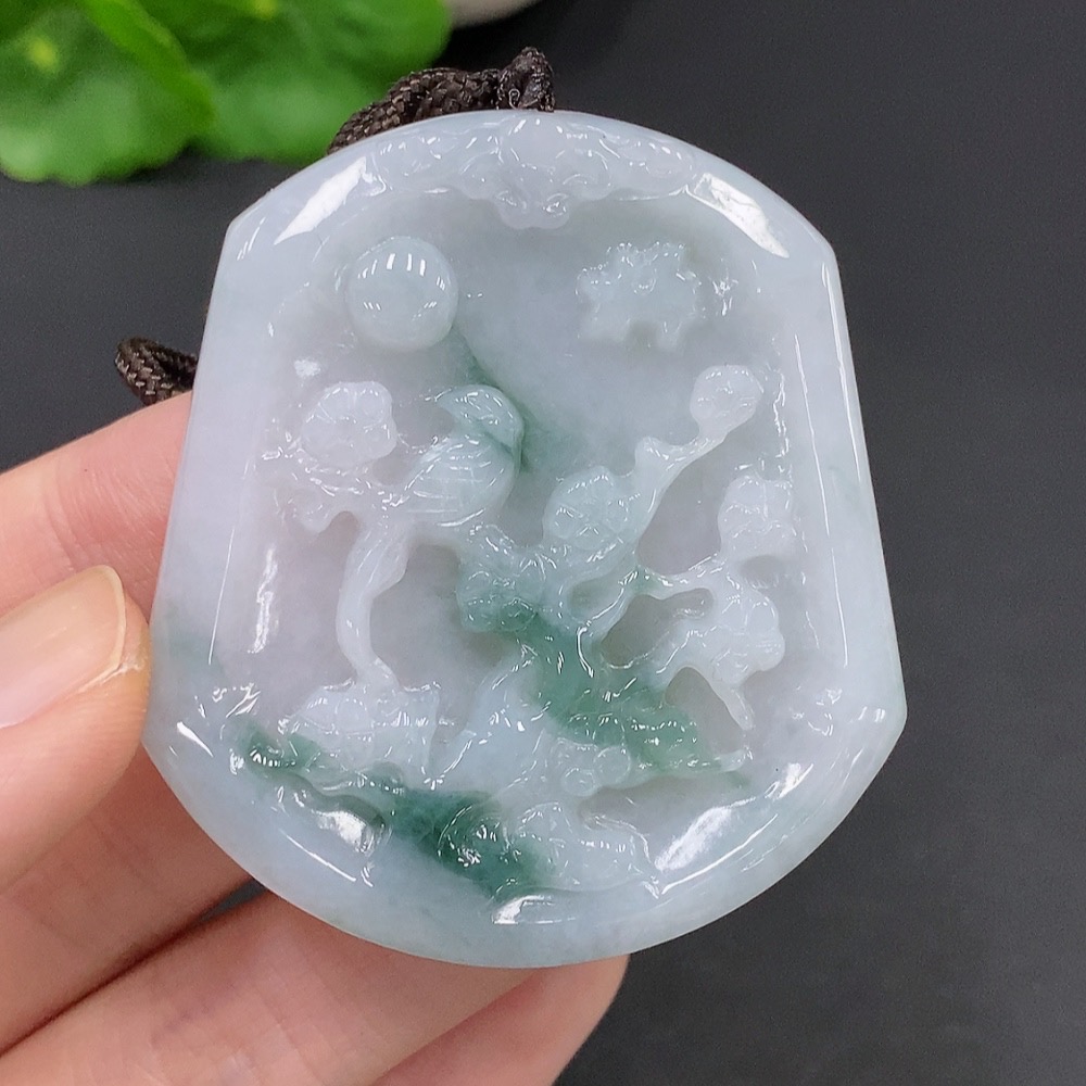 F24747910 Jadeite Magpie on Plum Branch Pendant Total Weight Approx. 33.1g (Including String Weight)