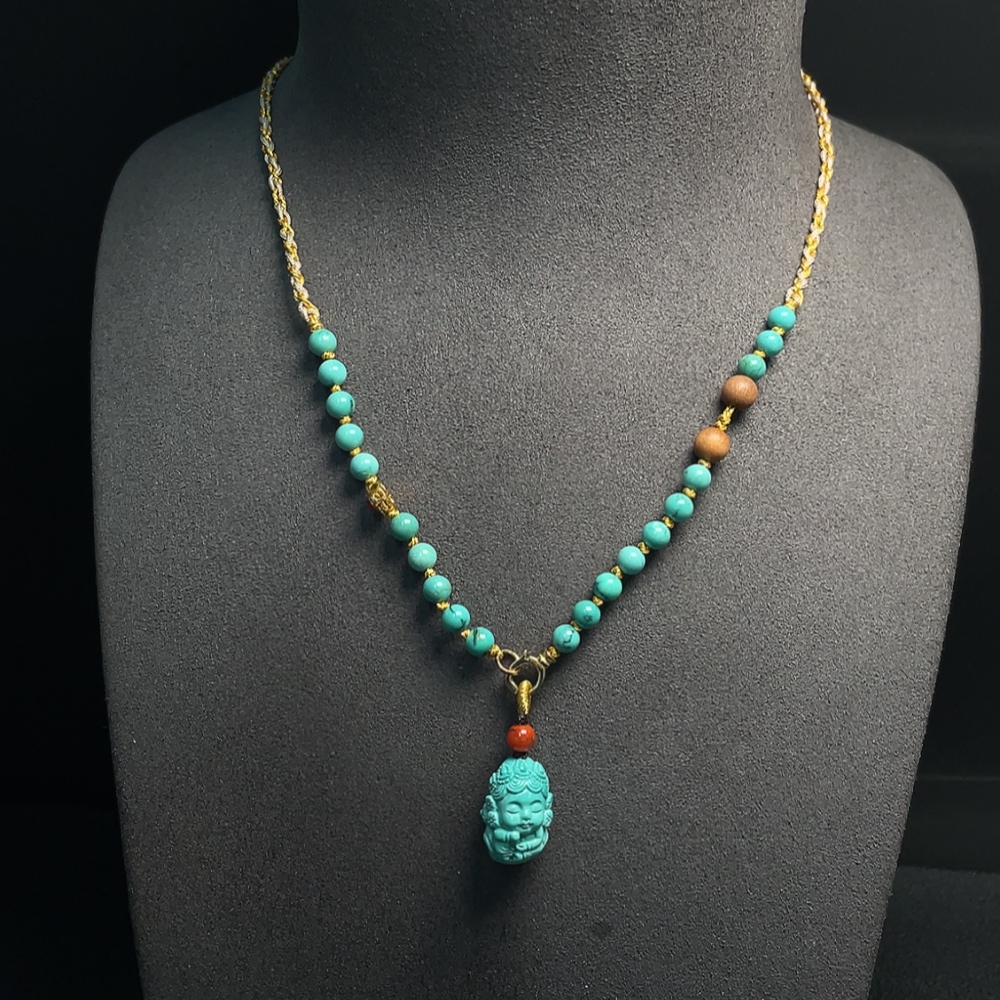 C34008553 Turquoise Pendant with Non-Natural Accent Stones, Total Weight Approx. 7.88g (Incl. Cord), Marked in Red Without Stamp, Surface Gold Content 75%, Rest Non-Gold
