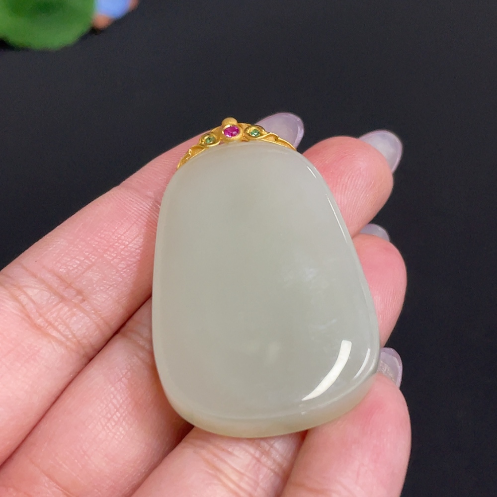 H33882240 Hetian Jade Inlaid Pendant, Plain Pendant, Total Weight Approx. 18.9g, 18k