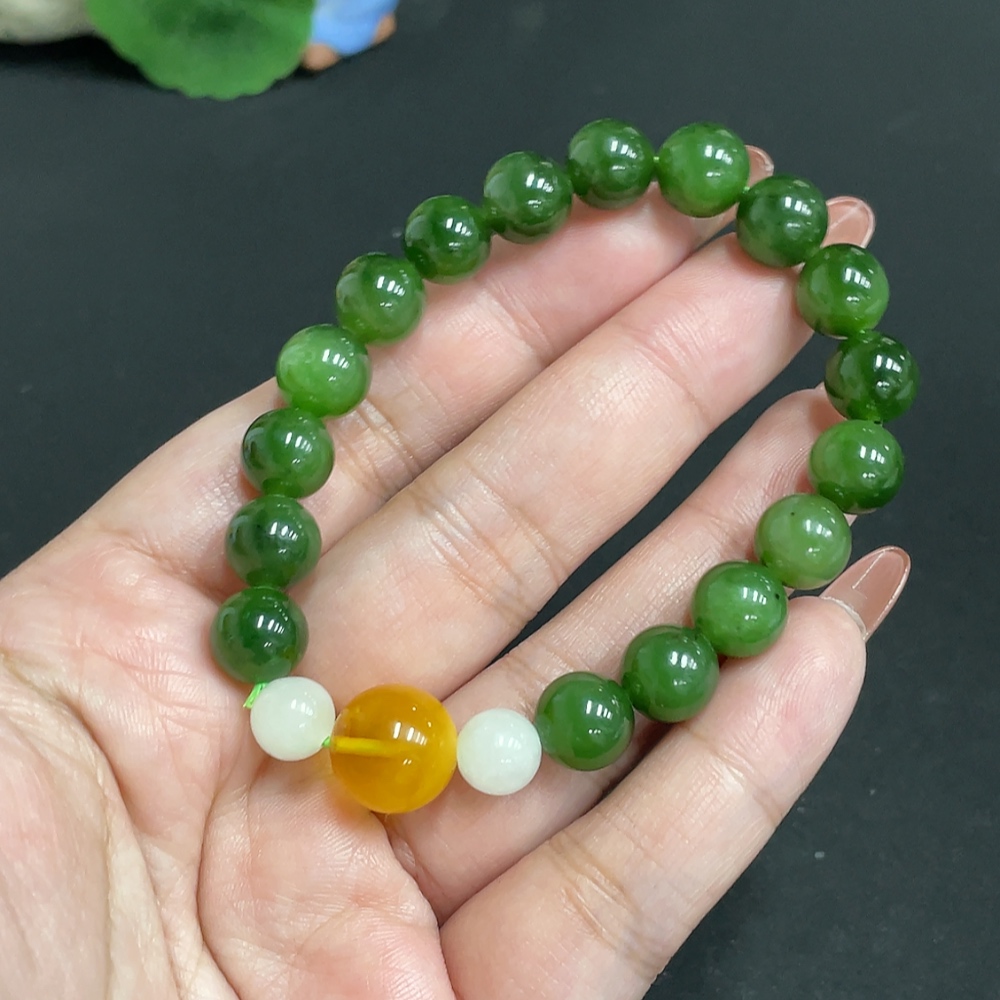 H35118682 Hetian Jade Jasper Bead Bracelet, approx. 9.2mm, total weight approx. 25.4g, containing other mineral components, paired with amber