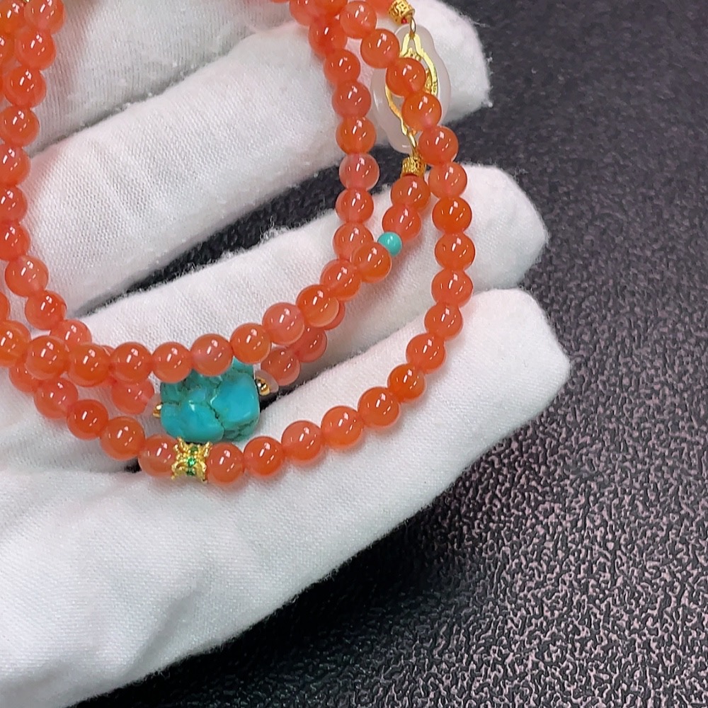 C34037882 South Red Agate Bead Necklace with Visible Organic Matter, Non-Natural Accent Stones, Paired with Pearls and Hetian Jade, Non-Gold, Total Weight Approximately 19.03g, Bead Size About 4.7mm
