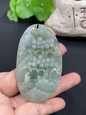 F42952618 翡翠山水牌挂件 货品总重约43.6g