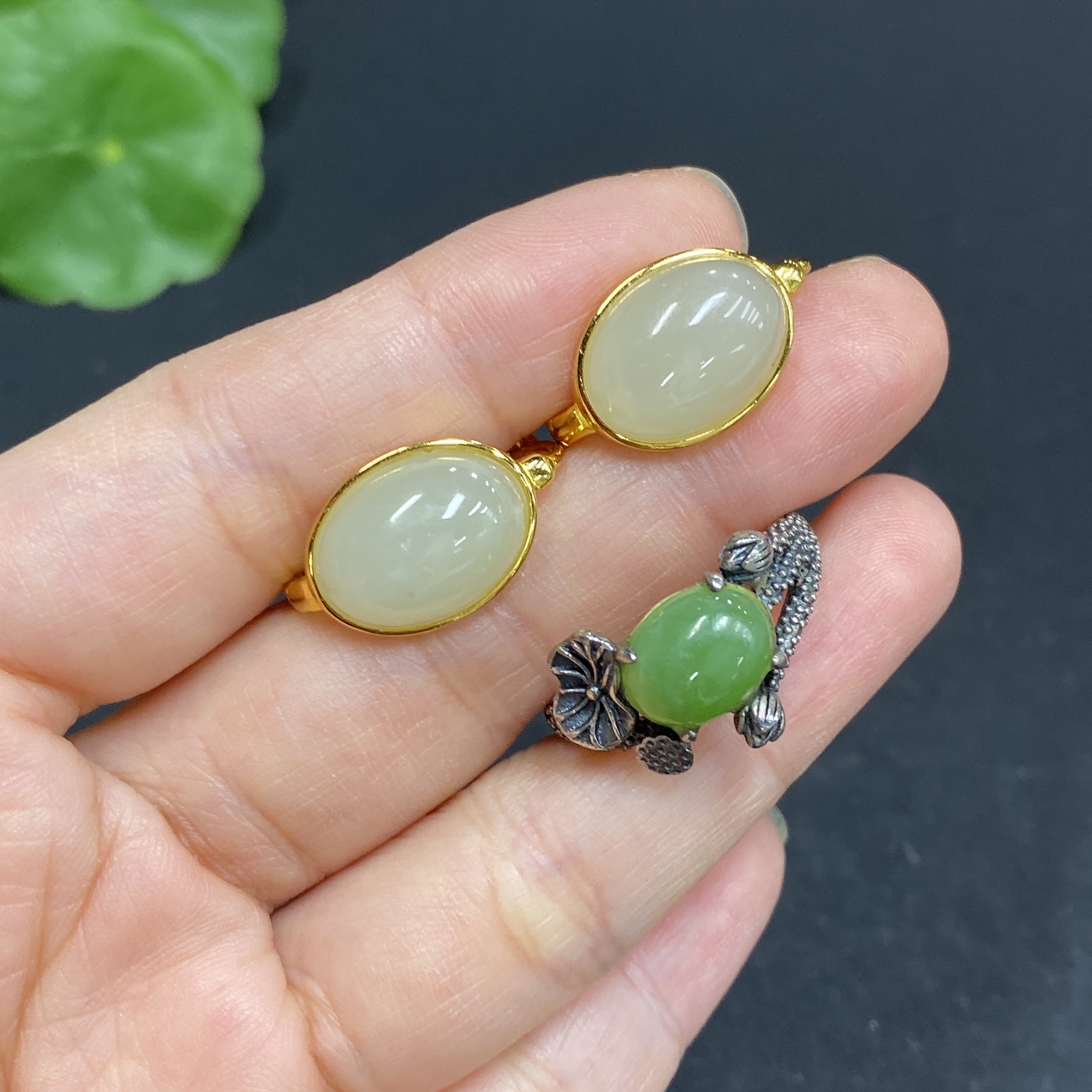 H33879541 Hetian Jade Inlaid Adjustable Ring Earrings Non-Gold Inlaid Total Weight Approx. 10.1g