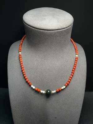C34041493 South Red Agate Bead Necklace with Visible Organic Matter, Total Weight Approx. 14.30g, Bead Size 4.7mm, Paired with Hetian Jade and Pearls, Non-Gold