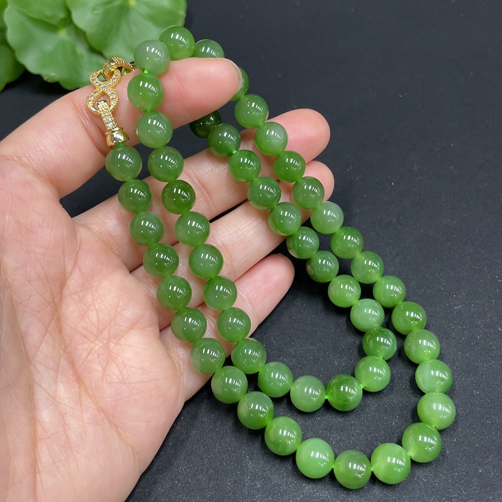 H35102452 Hetian Jade Bead Necklace, approx. 7.8mm, non-gold inlaid, total weight approx. 44.1g
