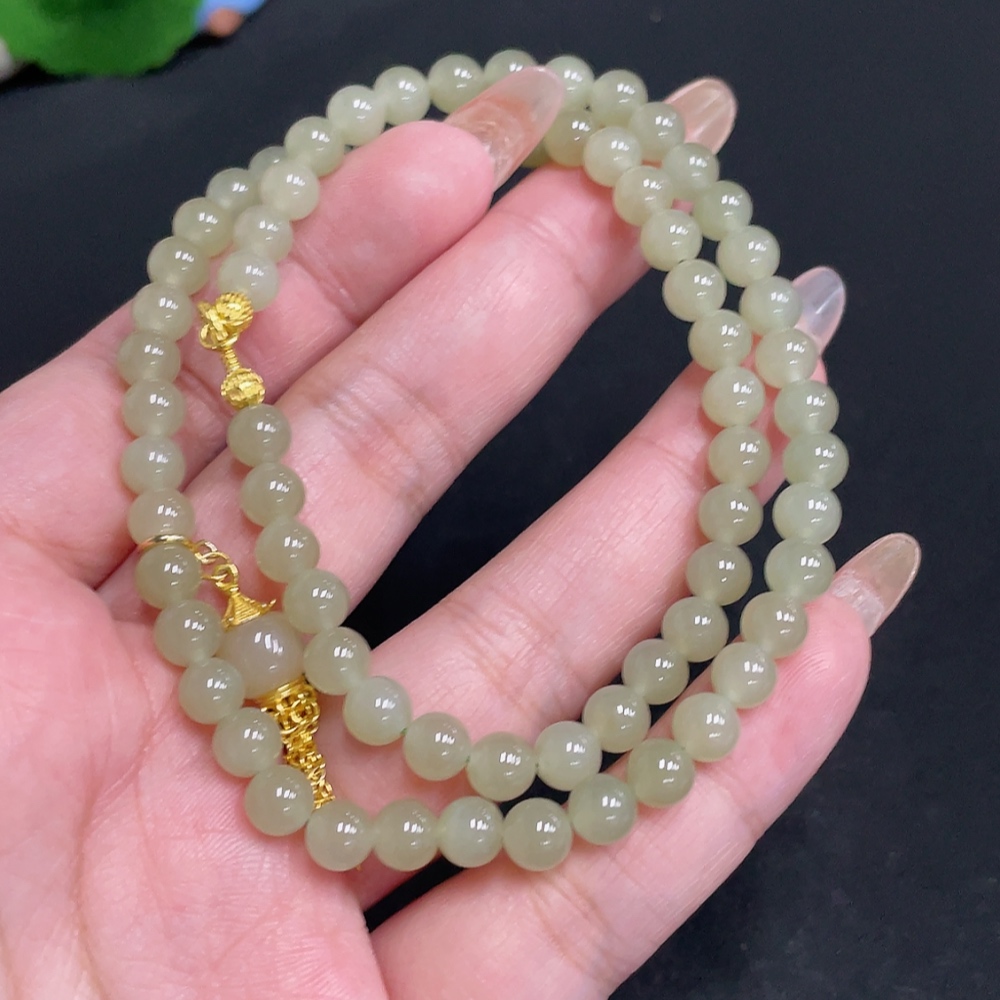 H32804412 Hetian Jade Bead Necklace Approx. 5.8mm Beads Total Weight About 23.8g Non-Gold