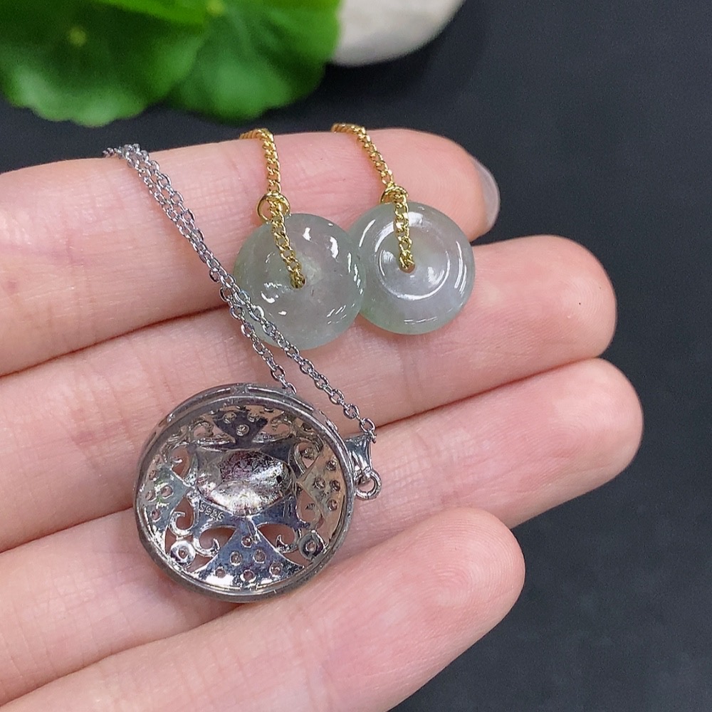 F35123842 Jadeite Cabochon Pendant + Peace Buckle Ear Threads Sell as a Lot Non-Gold Setting