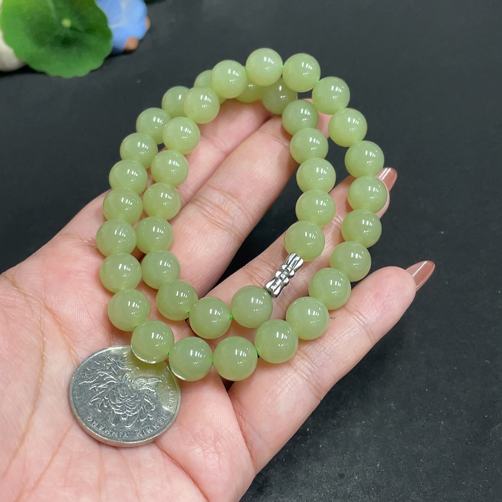 H34054126 Hetian Jade Bead Necklace, Approx. 9.7 mm, Total Weight Approx. 62.3g
