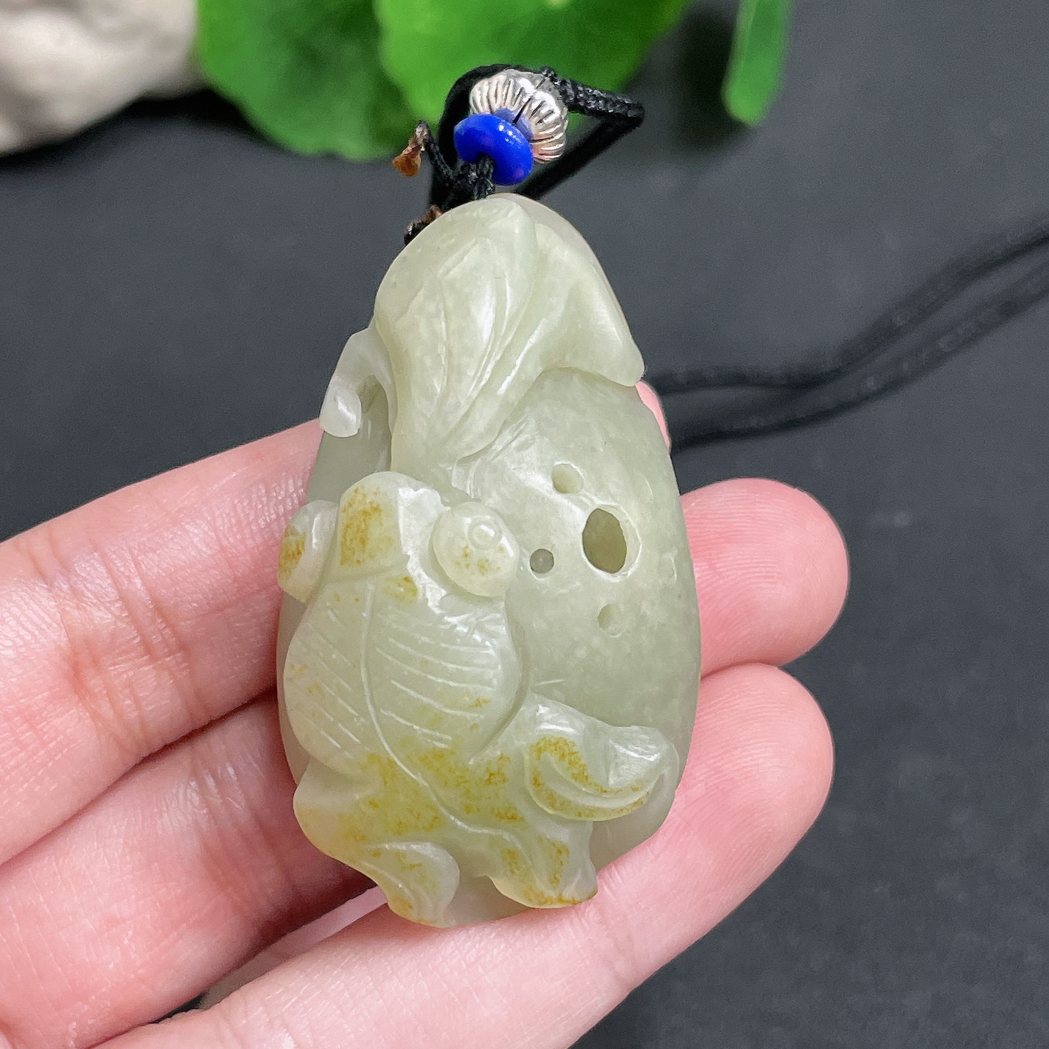 H17867684 Hetian Jade Pendant 'Abundant Year After Year' with Cord, Total Weight 37.51g, Undetermined Skin Color Origin