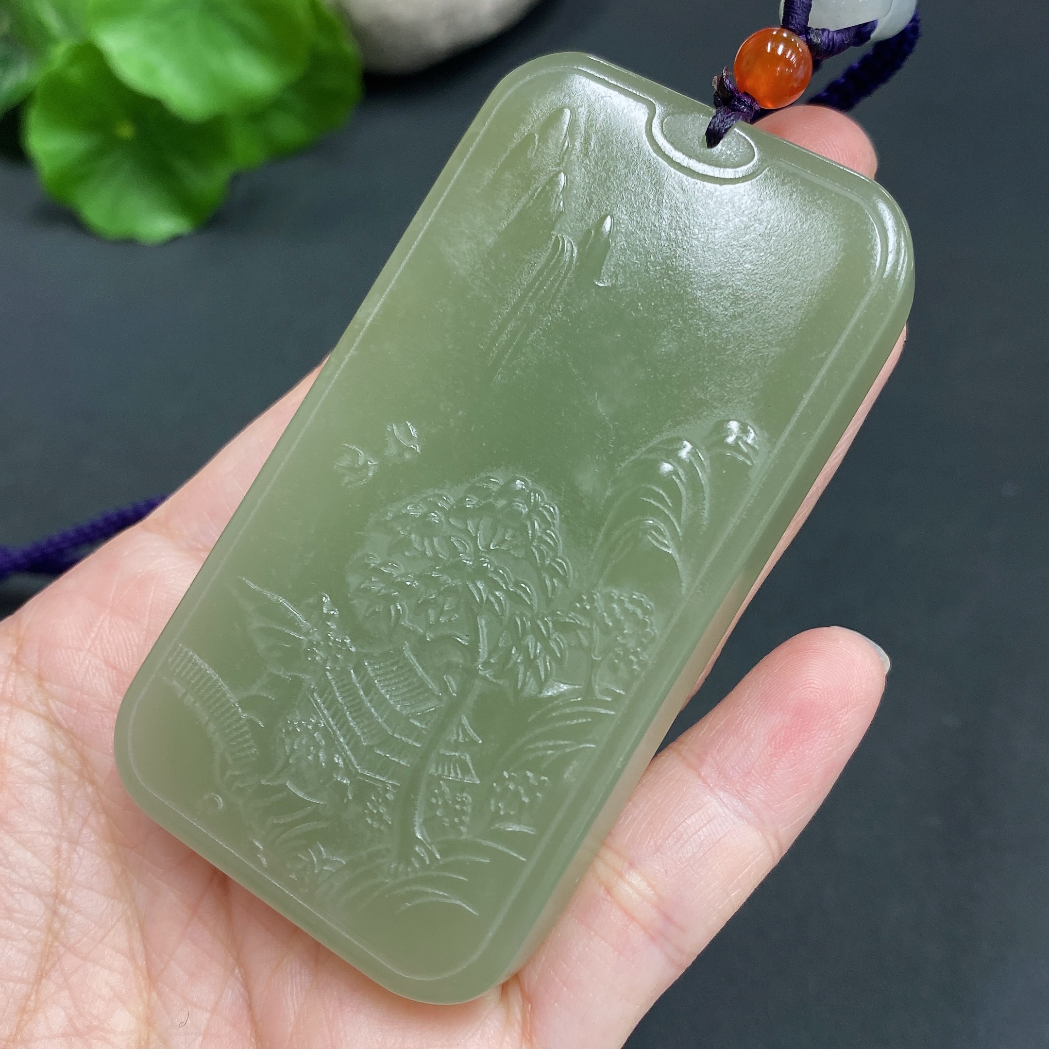 H18974711 Hetian Jade Pendant - Landscape Plaque, Total Weight Approx. (Including Rope) 76.9g