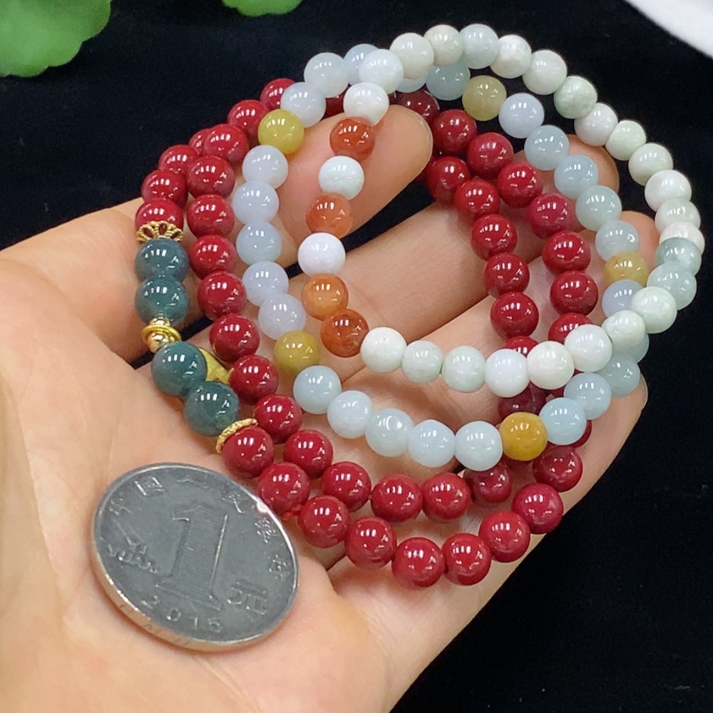 F33861746 Jadeite Beaded Necklace (Matching Strand Non-A) / Bracelet (Red Beads Non-A / Color Origin Undetermined)