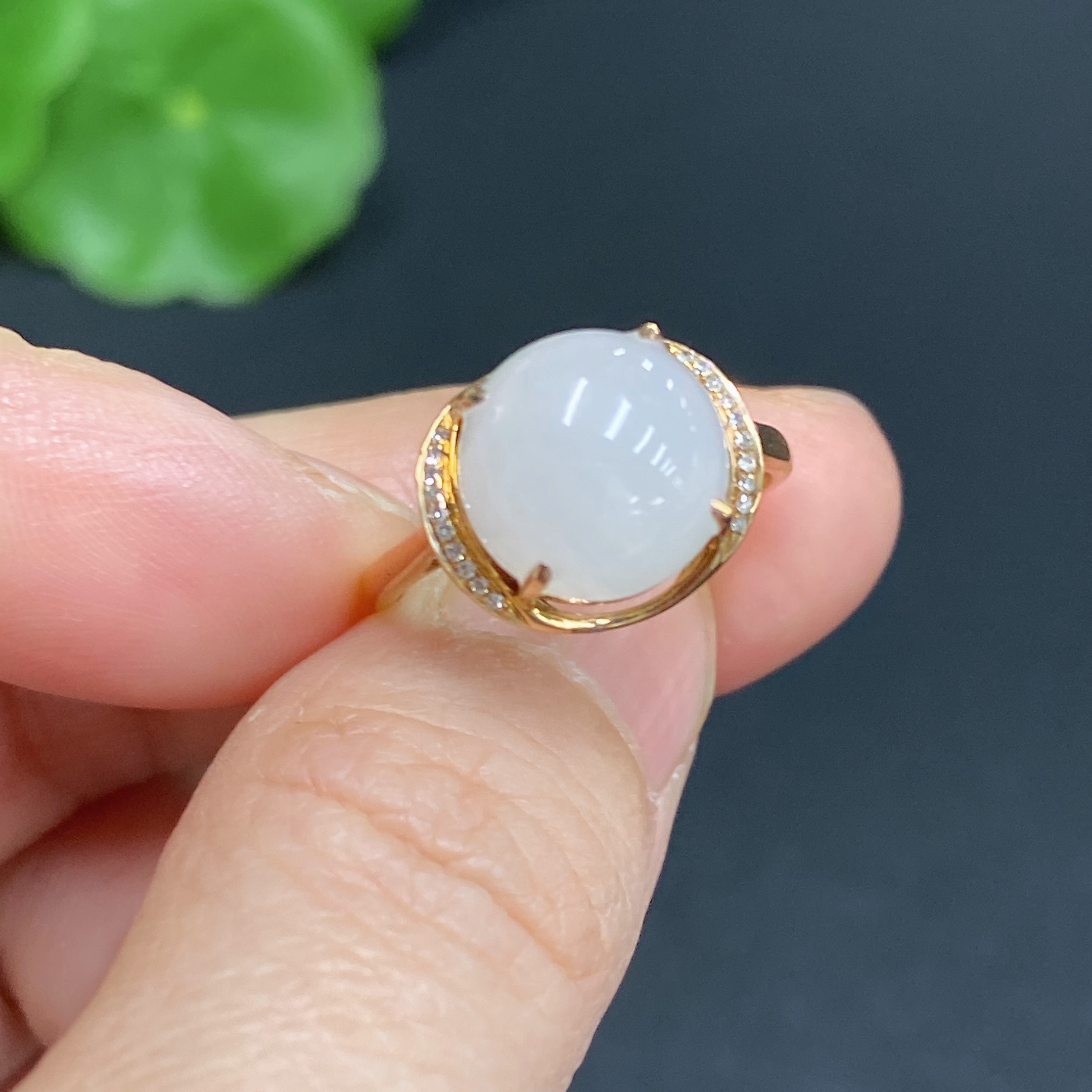 H33859041 Hetian Jade Inlaid Ring 18k Gold Size 13 with Diamond Accents Total Weight Approx. 2.2g