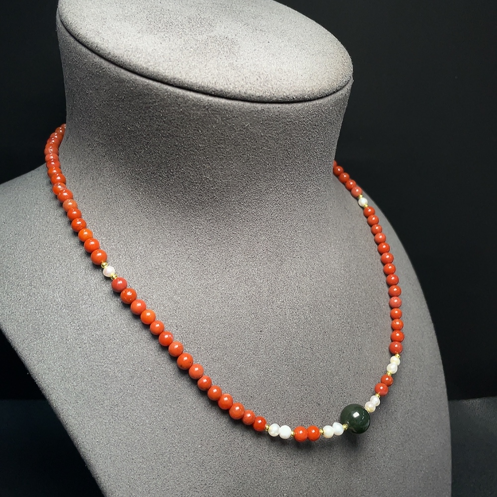 C34041493 South Red Agate Bead Necklace with Visible Organic Matter, Total Weight Approx. 14.30g, Bead Size 4.7mm, Paired with Hetian Jade and Pearls, Non-Gold