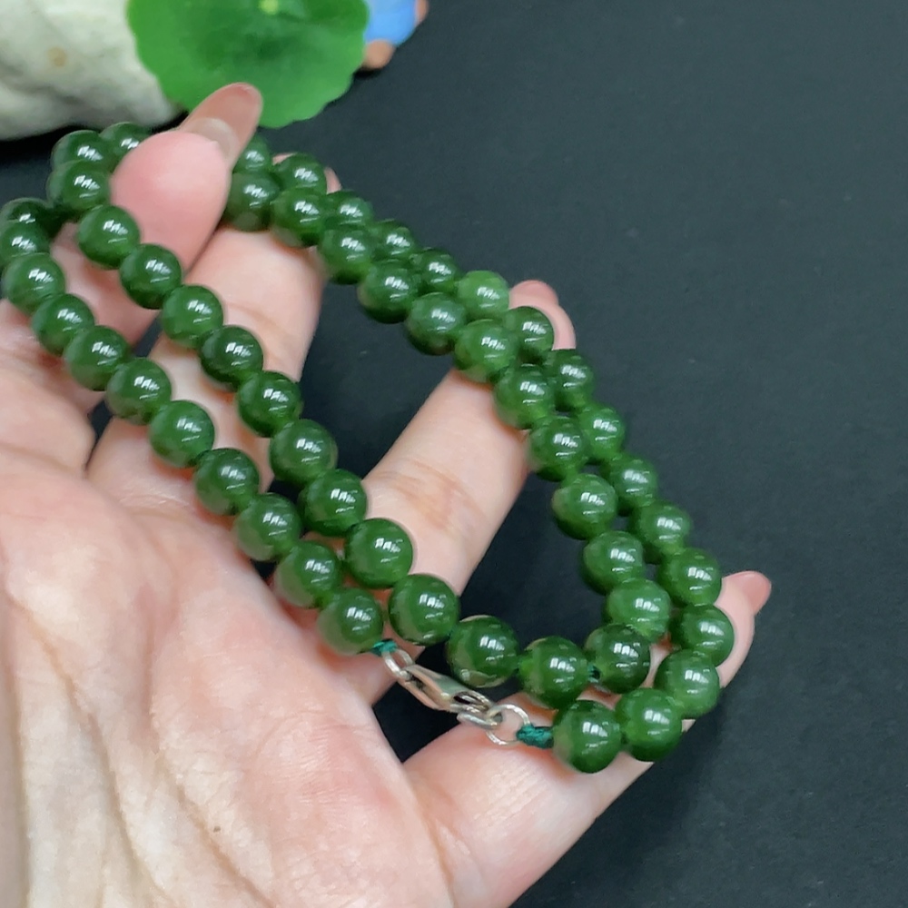 H35100280 Hetian Jade Jasper Bead Necklace, Approx. 8mm, Non-Gold Inlaid, Total Weight Approx. 45.9g