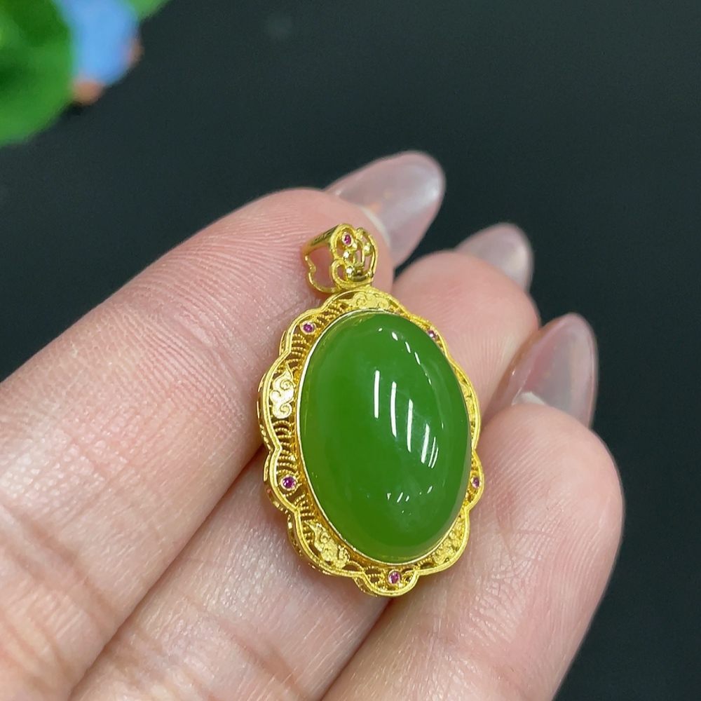 H26001429 Hetian Jade Inlaid Pendant, Cabochon, 18k, Total Weight Approx. 3.5g