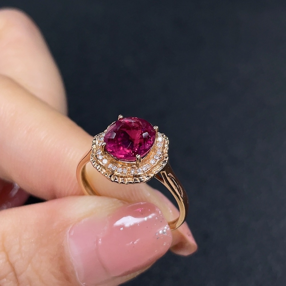 C32785373 18K Tourmaline Ring with Diamond Accents, Total Weight Approx. 2.43g, Size 14
