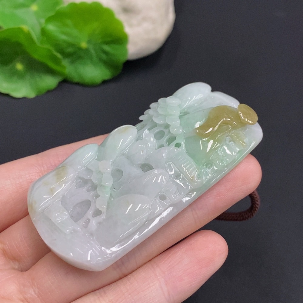 F35159511 Jadeite Landscape Pendant Total Weight Approx. 68.1g (Including Cord Weight) With Non-Jadeite Beads