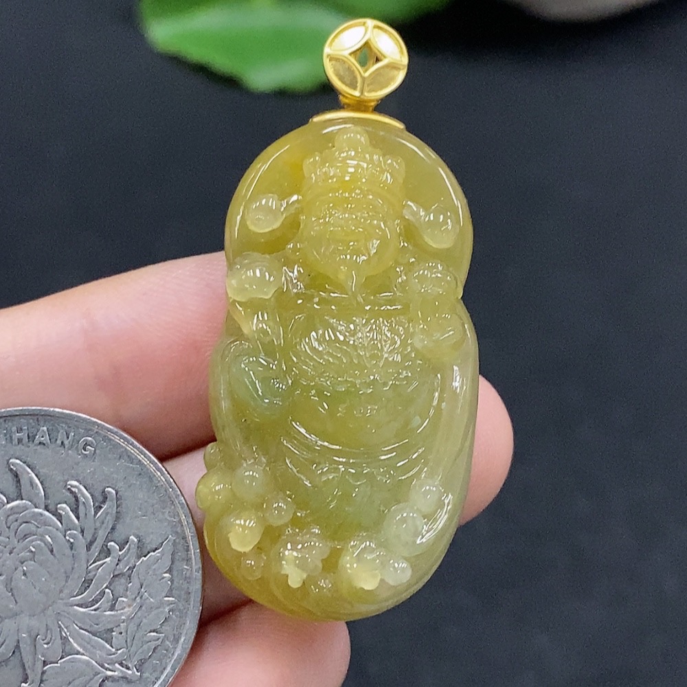 F32729253 Jadeite Caishen Pendant 18K Gold Color Origin Undetermined Total Weight Approx. 12.84g