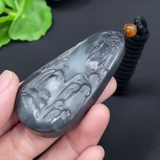 H28268983 Hetian Jade Pendant - Landscape Plaque, Total Weight (including rope): 33.4g