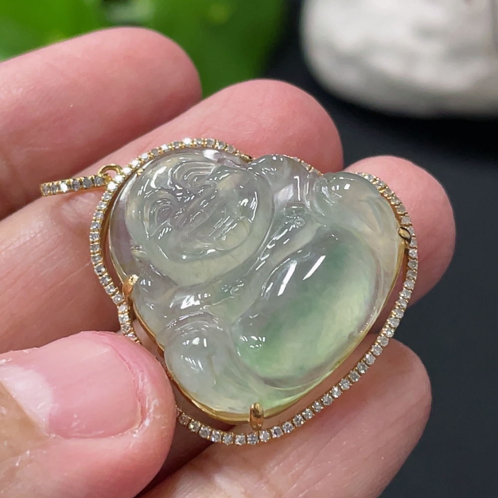 F33837840 JadeiteBuddha Pendant with 18K Gold Setting and Chain, Total Weight Approx. 10.6g, Accented with Diamonds