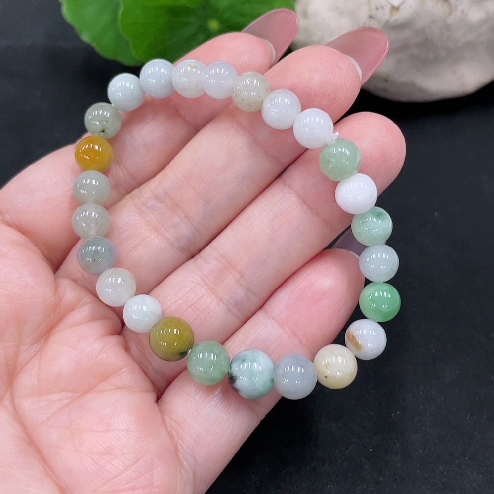 F34983107 Jadeite Beads Approx. 7.4mm Total Weight Approx. 13.4g (Yellow Part Color Cause Undetermined) (Containing Other Mineral Components)