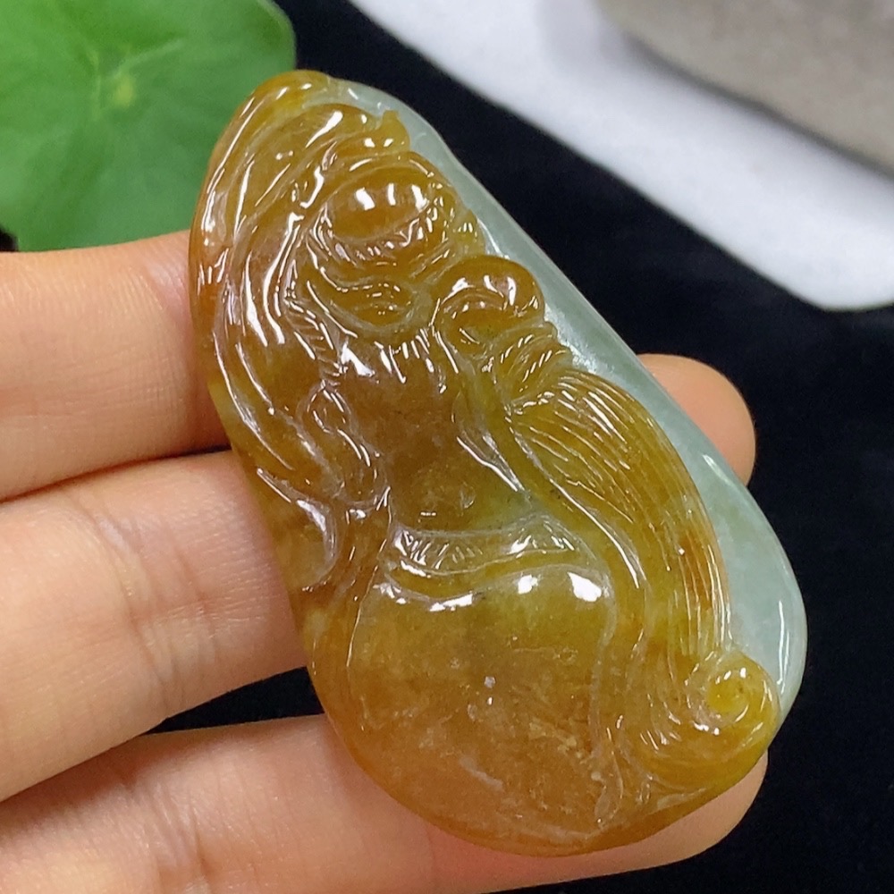 F34974336 Jadeite Pendant, Total Weight Approximately 28.43g, Color Origin of Yellow Part Undetermined