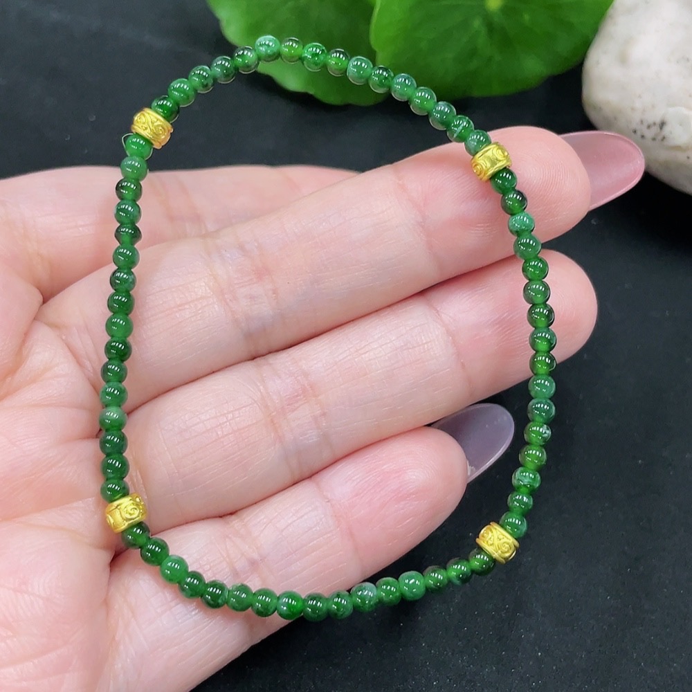 F34983096 Jadeite Bracelet Approx. 3mm Beads Total Weight Approx. 3.5g Non-gold Inlaid