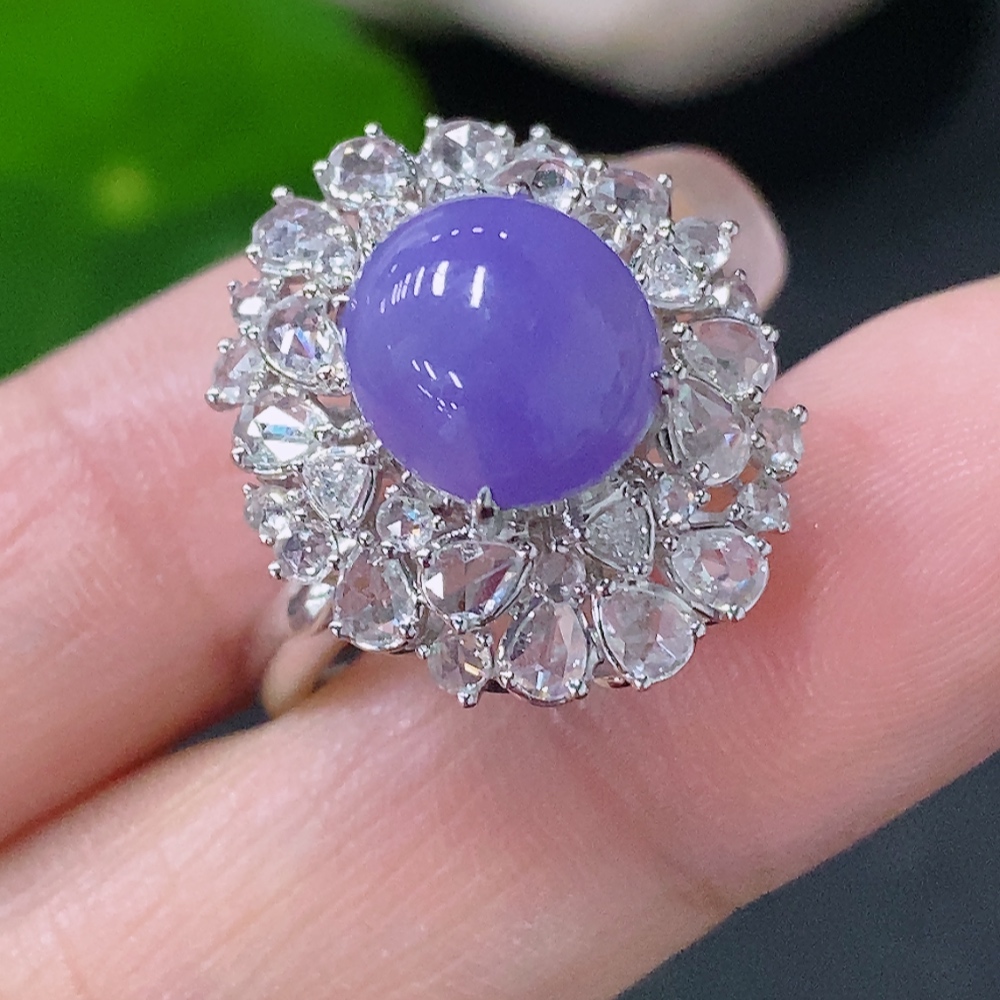 F35087822 Jadeite and Diamond Ring in 18K Gold, Size 14, Total Weight Approx. 4.39g