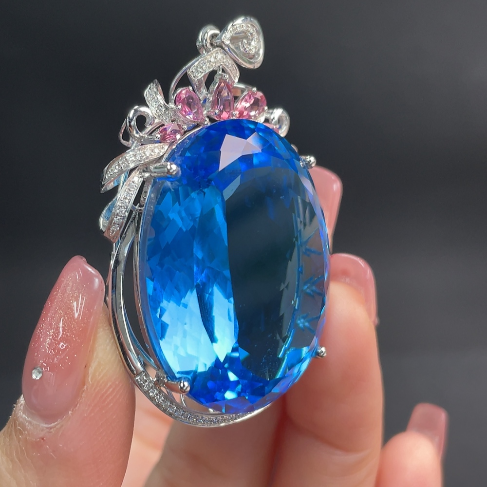C24768950 18K Gold Topaz Pendant with Color Origin Undetermined and Pink Tourmaline, Total Weight Approx. 30.58g