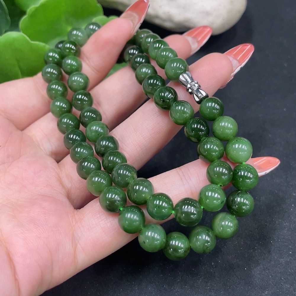 H34062393 Hetian Jade Jasper Bead Necklace Approx. 8mm Non-Gold Total Weight About 43.9g