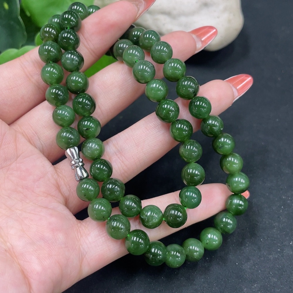 H34062393 Hetian Jade Jasper Bead Necklace Approx. 8mm Non-Gold Total Weight About 43.9g