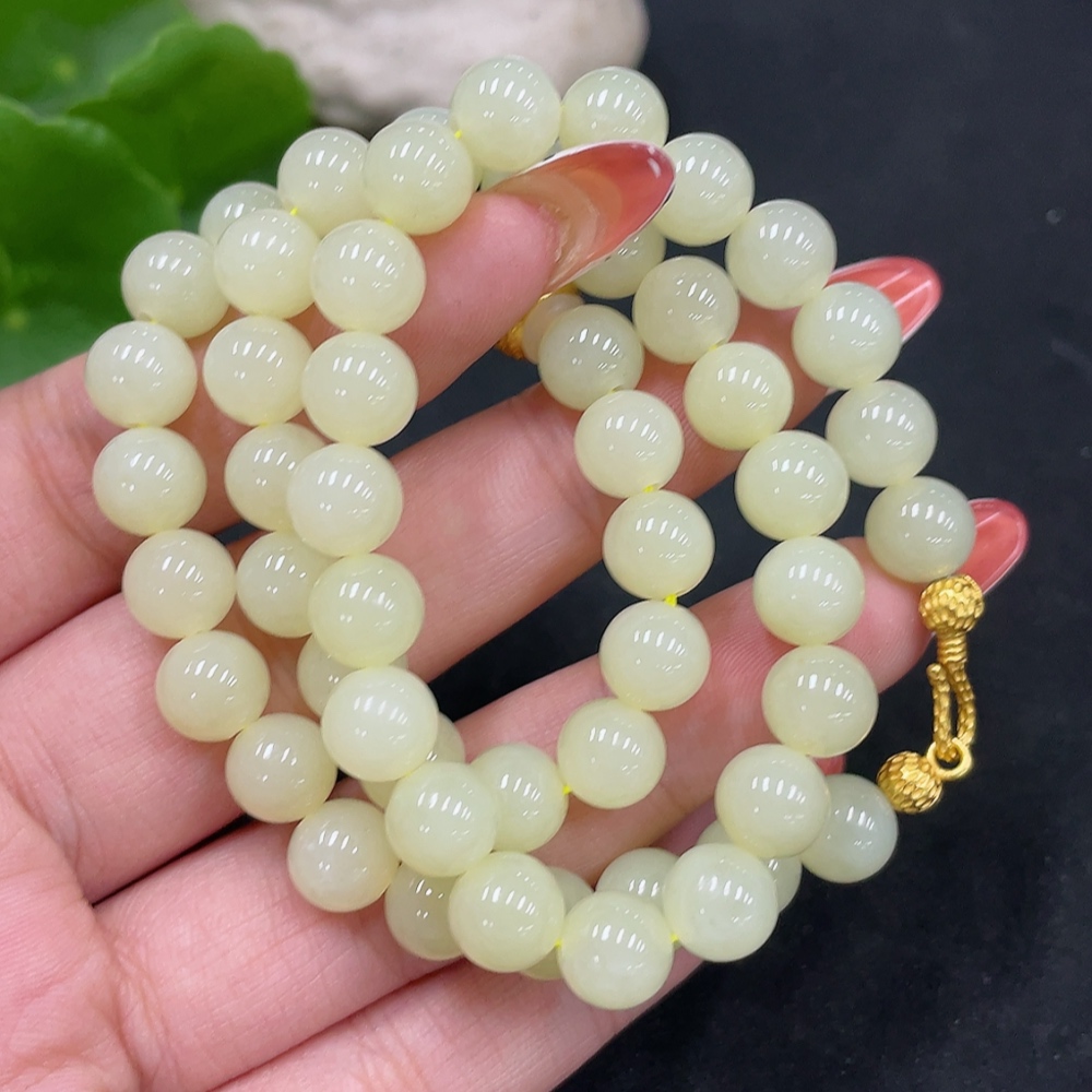 H34053448 Hetian Jade Bead Necklace, approx. 7.8mm, non-gold inlaid, total weight approx. 42.6g