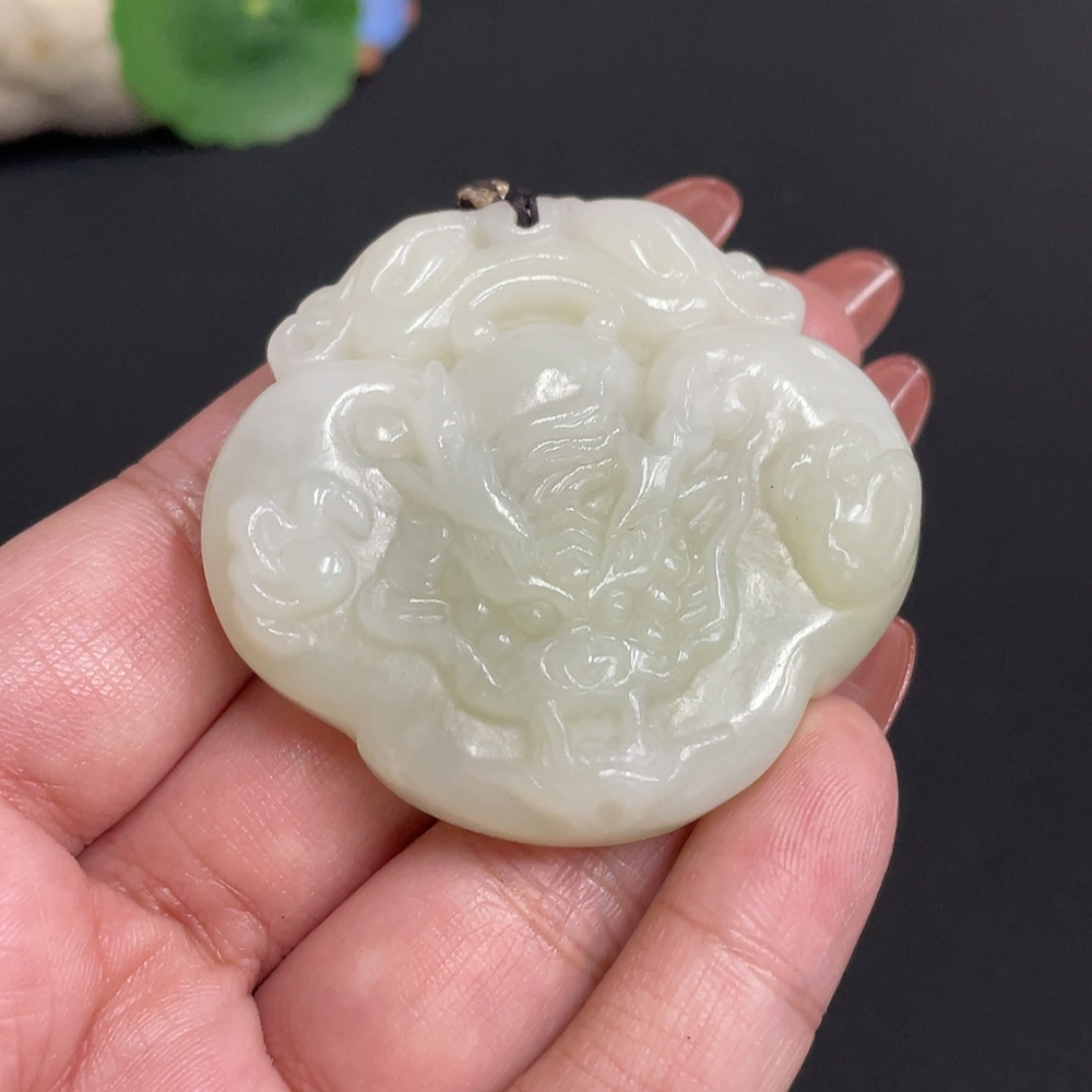 H34074310 Hetian Jade Pendant Dragon Total Weight approx. [with rope] 54.3g