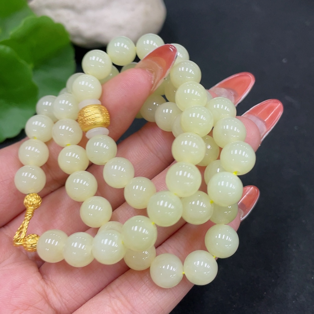 H34053448 Hetian Jade Bead Necklace, approx. 7.8mm, non-gold inlaid, total weight approx. 42.6g