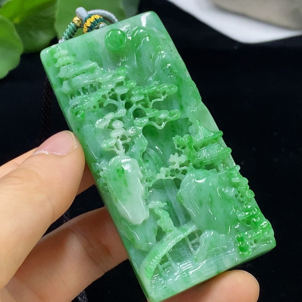 F34948146 Jadeite Landscape Pendant Total Weight Approx. 91g (Including Rope Weight)
