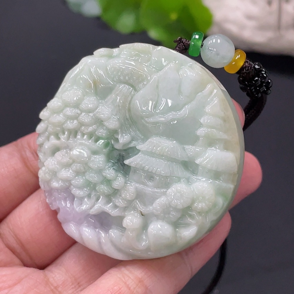 F25917702 Jadeite Pendant Landscape Plaque Total Weight Approx. 70.25g With Non-Grade A Beads