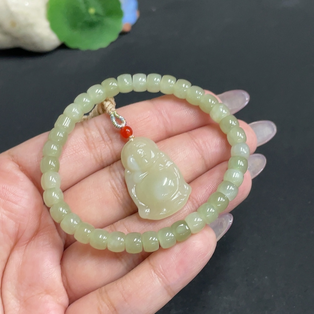 H34971924 Hetian Jade Pendant, Buddha Bead Bracelet Approx. 5.8mm, Total Weight (Including String) Approx. 17.2g