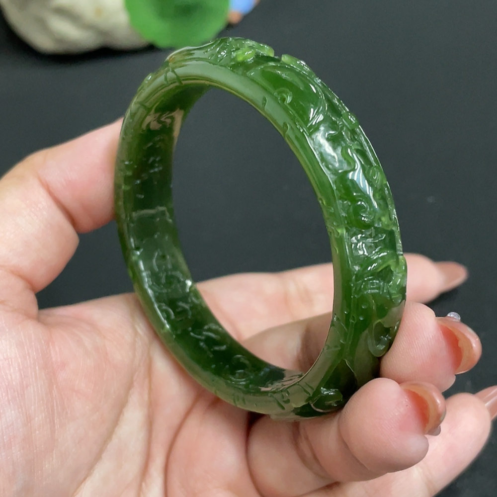 H34004262 Hetian Jade Jasper Carved Flower Bracelet Size 57.3 Total Weight Approx. 44.1g