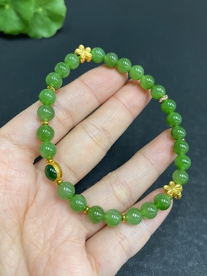 H33939499 Hetian Jade Bracelet, approx. 6mm, total weight approx. 10.9g, with Jadeite, no imprint, surface gold content marked red 75%, rest non-gold