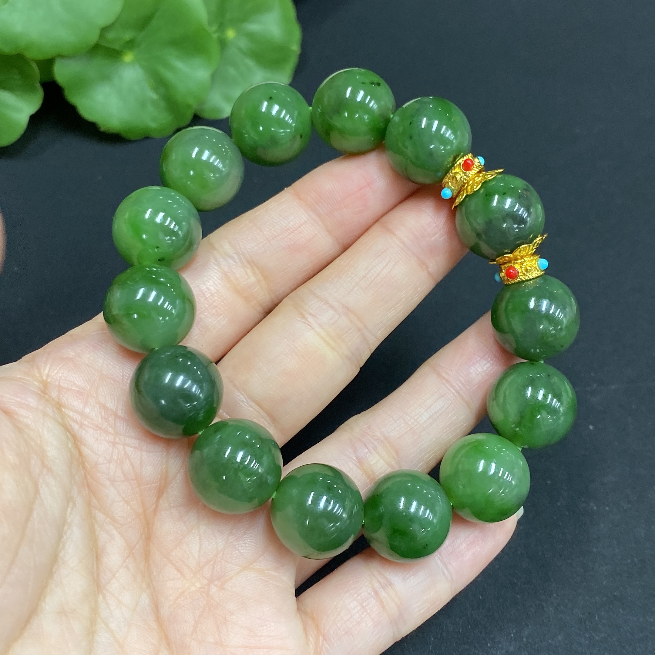 H34014627 Hetian Jade Green Jade Bracelet Approx. 14mm Non-Gold-Inlaid Total Weight About 63g