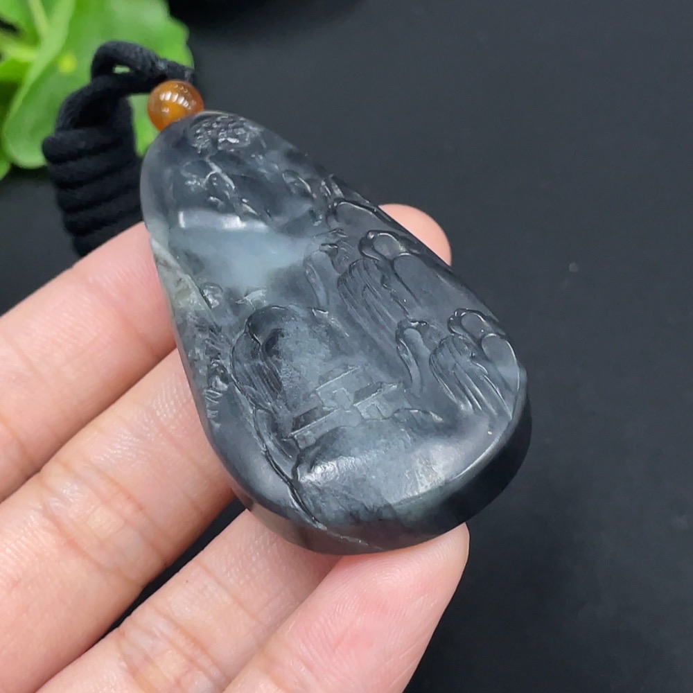 H28268983 Hetian Jade Pendant - Landscape Plaque, Total Weight (including rope): 33.4g
