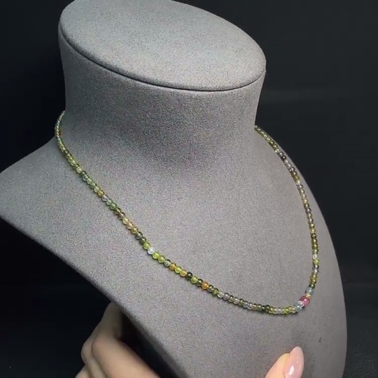 C32744743 Tourmaline bead necklace with other mineral components, visible organic matter, total weight approx. 8.50g, size 3-5.2mm, non-gold