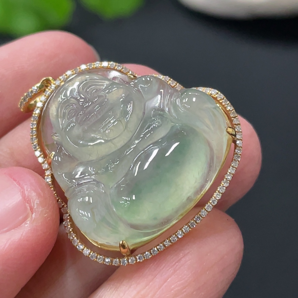 F33837840 JadeiteBuddha Pendant with 18K Gold Setting and Chain, Total Weight Approx. 10.6g, Accented with Diamonds