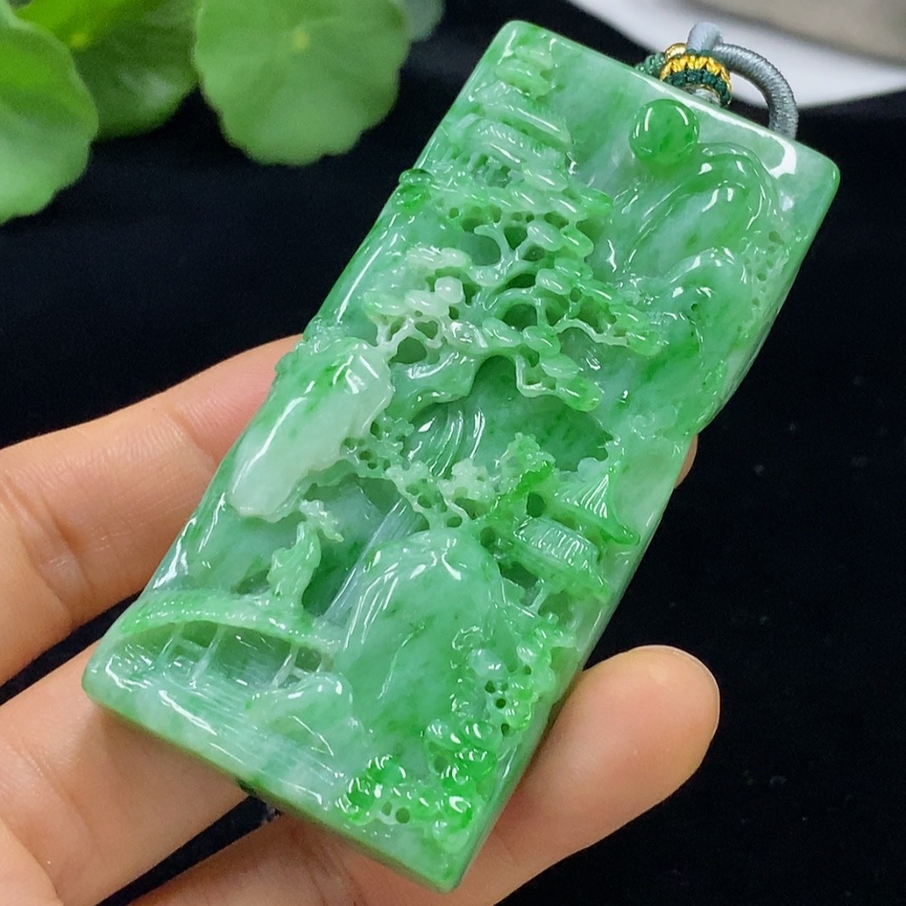F34948146 Jadeite Landscape Pendant Total Weight Approx. 91g (Including Rope Weight)