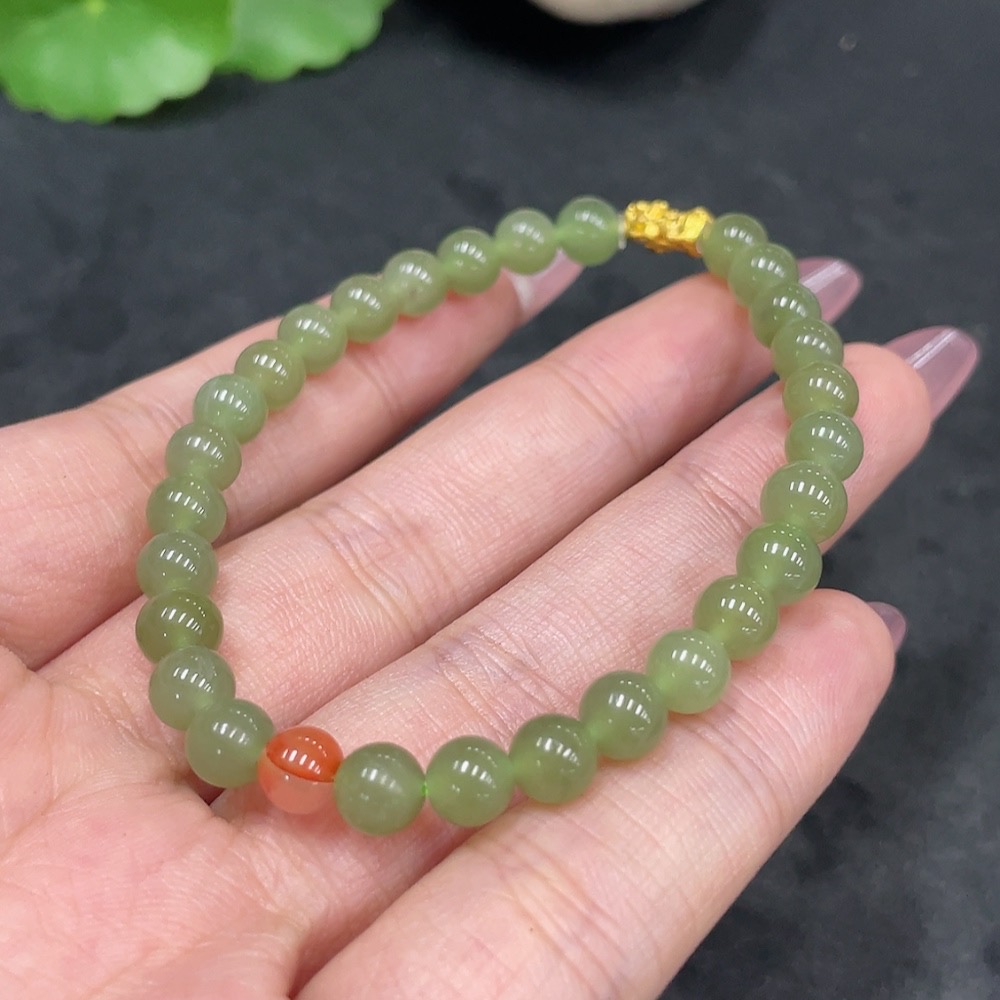 H33858594 Hetian Jade Bracelet, Approx. 5.9mm, Total Weight Approx. 9.5g, 99% Gold Content, Non-Hetian Jade Beads