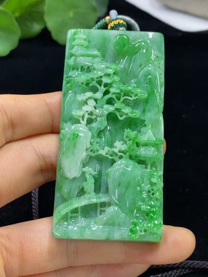 F34948146 Jadeite Landscape Pendant Total Weight Approx. 91g (Including Rope Weight)