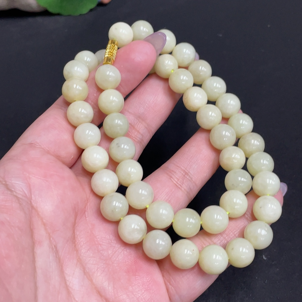 H33863574 Hetian Jade Bead Necklace, Approx. 9.2mm, Total Weight Approx. 62.9g, Non-Gold