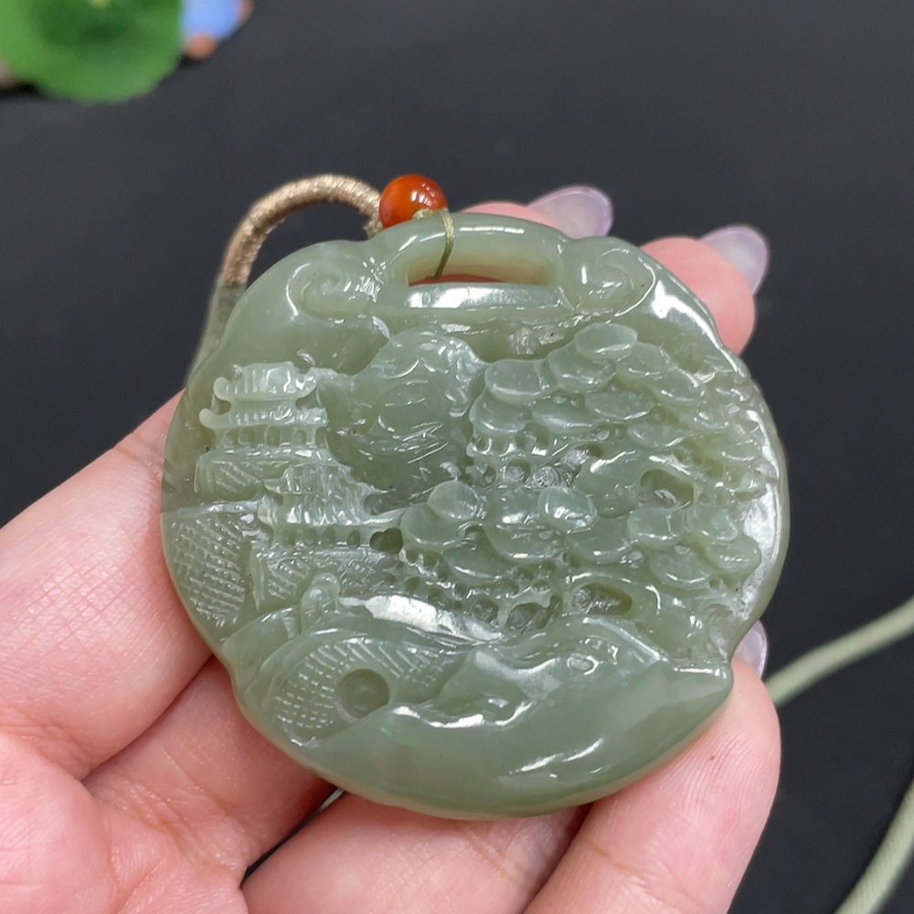 H33862761 Hetian Jade Pendant Landscape (Total Weight Approx. [with Rope] 50.9g)